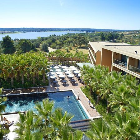 拉戈芒塔格别墅瑙酒店 蒙塔吉尔 外观 照片 The photo shows a scenic view of a modern hotel or resort. In the foreground, there is a swimming pool surrounded by palm trees, with lounge chairs positioned beside it. Sun umbrellas provide shade over the chairs. The background features a lush land