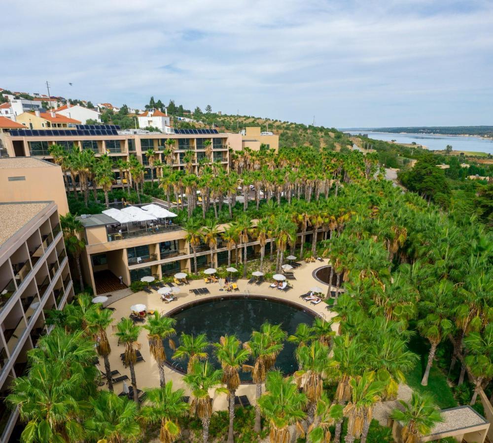 拉戈芒塔格别墅瑙酒店 蒙塔吉尔 外观 照片 The photo shows a modern hotel complex set amidst lush greenery, featuring numerous palm trees. In the foreground, there is a circular swimming pool surrounded by lounge chairs. The hotel itself has multiple levels with balconies overlooking the pool